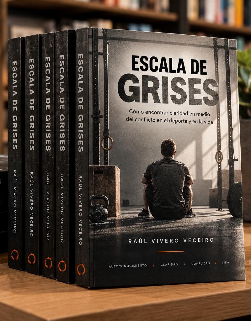 Ejemplares de Escala de grises, de Raúl Vivero Veceiro, sobre la mesa de una librería
